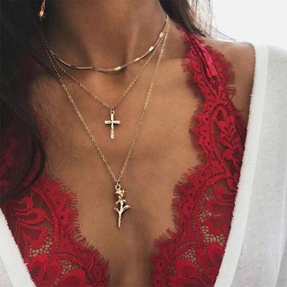 Jewelry - Gold Triple Chain Gold Cross Rose Necklace Set